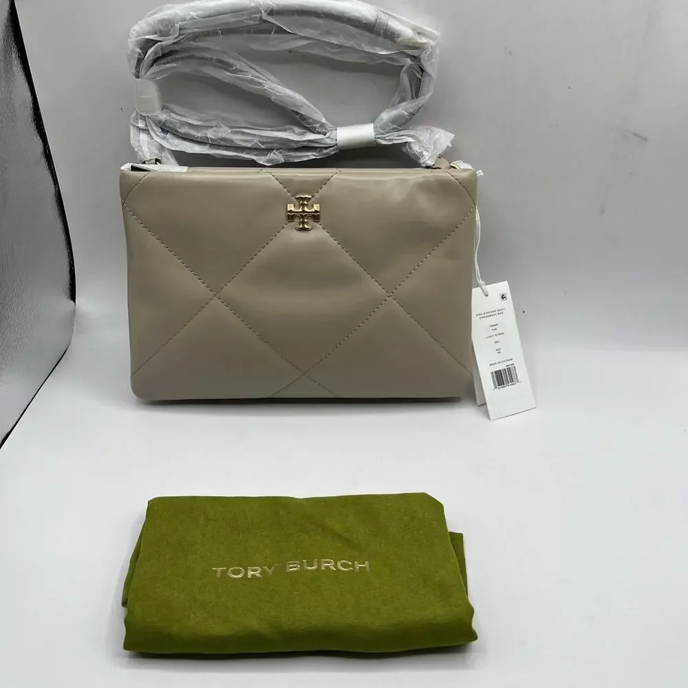 Tory Burch Small Kira Diamond Quilt Leather Shoulder Bag Light Stone Beige NWT